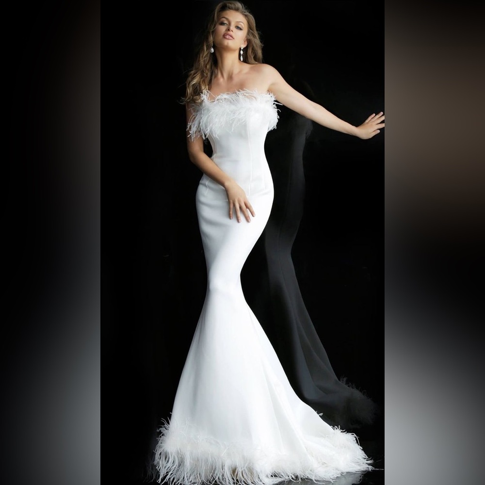 Jovani Strapless White Feather Gown
